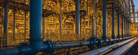 A maze of interconnected yellow pipes and valves dominates the scene inside an industrial processing facilityの素材