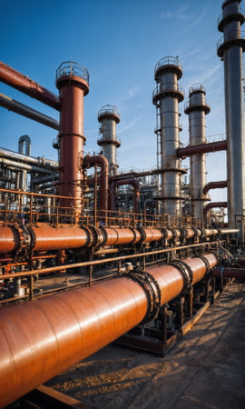 A maze of interconnected yellow pipes and valves dominates the scene inside an industrial processing facilityの素材