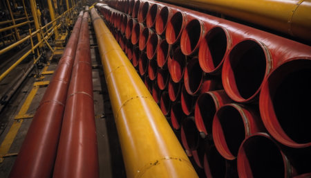 A collection of red and yellow large industrial pipes neatly arranged and stored in an indoor warehouse.の素材