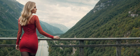 A poised woman wearing a flowing red dress and black stocking stands confidently on a vibrant red pedestrian bridge, contrasting against the dusky sky backdrop.の素材