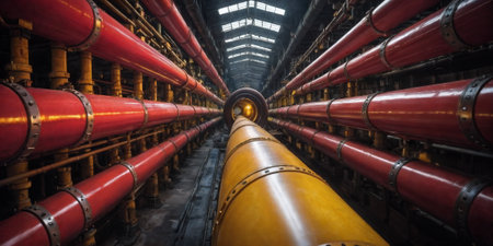 A collection of red and yellow large industrial pipes neatly arranged and stored in an indoor warehouse.の素材