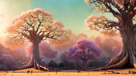 Huge abstract baobab in the park.Freehand drawing.Digital creative designer art drawing.AI illustrationの素材