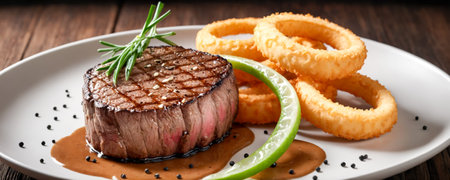 Steak with peppercorn sauce and onion rings, parsleyの素材