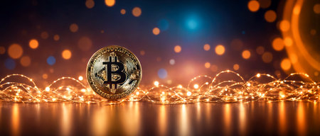 Background with indistinct bokeh, featuring abstract bitcoin symbols related to financial technology and dynamic streaks of technologyの素材