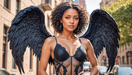 A woman adorned with large black wings strolls confidently down a city street in minimal attireの素材