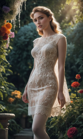 A bride in a delicate lace wedding dress stood amidst a blooming garden, the sunlight casting a soft glow as evening approachesの素材