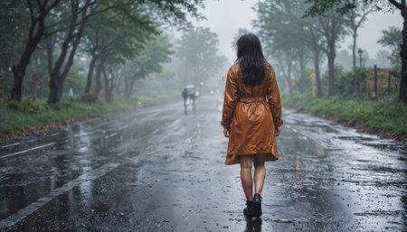 A woman in a raincoat walks down a muddy rural road in the rain. The road is wet and the sky is grey, with raindrops falling around her.の素材