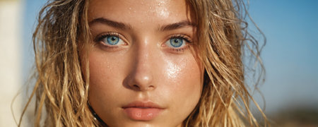 A close-up portrait of a young woman with blonde hair and blue eyes.の素材