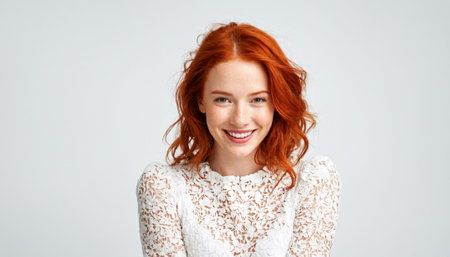 A young woman with long, red, curly hair is smiling at the camera against a white background. Her hair is tousled, and she has blue eyes and freckles on her faceの素材