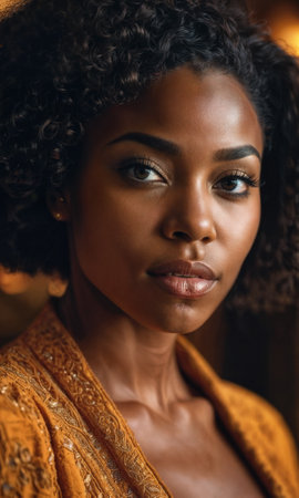 A black woman with curly hair gazes thoughtfully, showing her natural beauty in a cozy, warmly lit indoor environment.の素材