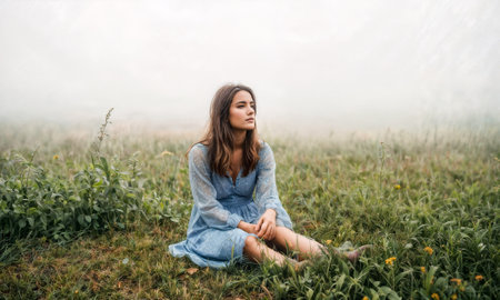 A young woman sits cross-legged in a foggy field, embracing tranquility as she meditates amidst the greenery.の素材