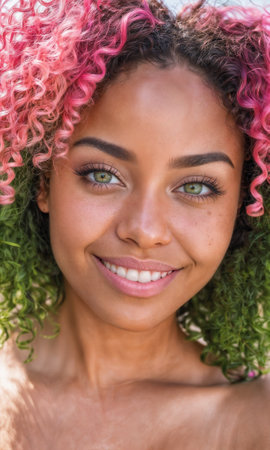 A young black woman with vibrant pink curly hair smiles warmly in a lush outdoor environment, showing her natural beauty and bright personality.の素材