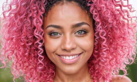 A young black woman with vibrant pink curly hair smiles warmly in a lush outdoor environment, showing her natural beauty and bright personality.の素材