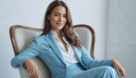 A confident woman dresses in a stylish light blue suit, seated comfortably in a chic office, radiating professionalism and warmth.の素材