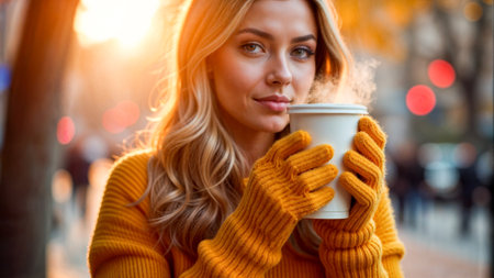A young woman stands in an autumn park, wearing a cozy sweater and a knitted hat. She holds a warm coffee beverage while smiling at the camera, surrounded by colorful fall foliage.の素材