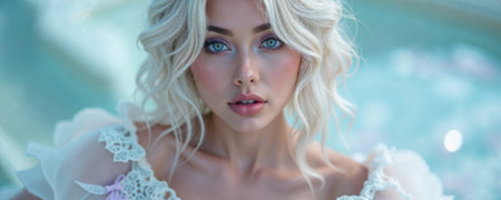 Soft curls frame the young woman's face as she delicately holds her cheeks, emphasizing her captivating blue eyes and elegant style in a tranquil setting.の素材