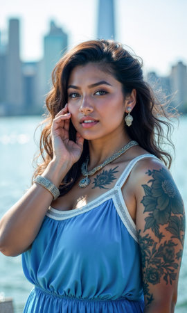 A woman stands at the water's edge, elegantly dressed in a blue dress with intricate accessories. The city skyline shines behind her, as the sun sets, creating a warm, inviting atmosphere.の素材