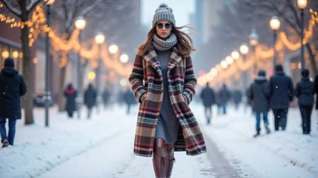 A woman strolls through a snowy urban street. She is dressed in a plaid winter coat, warm hat, and boots, surrounded by softly glowing streetlights and snowflakes.の素材