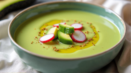 A vibrant green soup served in a light ceramic bowl, topped with sliced radishes and cucumbers. The dish is presented in a warm kitchen, suggesting a delightful homemade meal moment.の素材