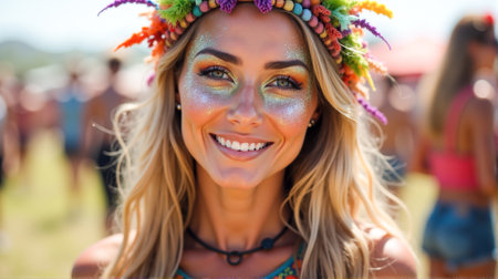 A woman stands among a lively crowd, showing her vibrant orange hair and elaborate makeup. She wears a decorated headpiece and jewelry, embodying the spirit of the festival under sunny skies.の素材