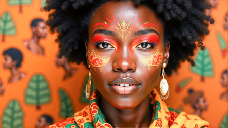 A young woman stands confidently with intricate face paint and beautiful jewelry. She showcases her vibrant outfit while posing against a decorative and colorful wall.の素材