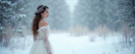 A woman in a stunning blue gown wanders through a snowy forest. Her long hair flows elegantly, and she wears a crown, embodying a fairy tale character amidst a serene winter landscape.の素材