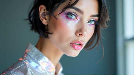 A fashion model displays captivating makeup featuring bright colors and unique highlights. The model's hairstyle complements the artistic look, set against a bold background.の素材