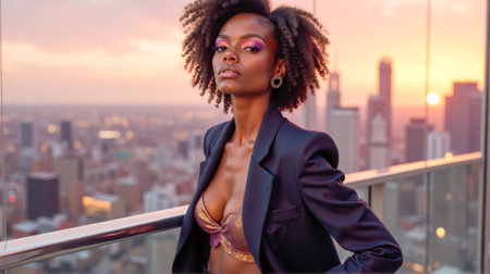 A black woman stands confidently in a tailored outfit, overlooking a city skyline at sunset. The warm hues of the sky create a stunning backdrop for her poised expression.の素材