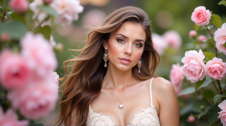 A woman stands gracefully amidst lush pink roses in a vibrant garden, showing her natural beauty and elegance while enjoying a sunny day outdoors.の素材