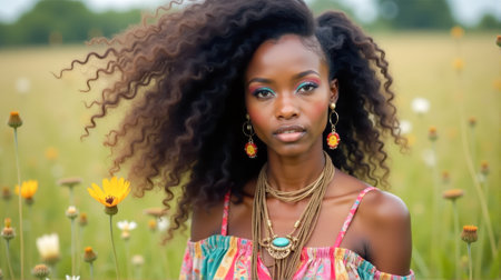 A black woman with beautifully styled curly hair stands confidently in a field full of colorful flowers.の素材