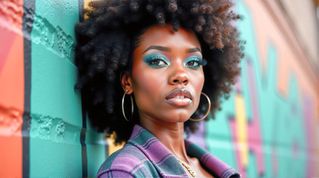 A woman poses confidently with striking green eyeshadow and full curls, wearing a pink jacket. Behind her, a lively mural enhances the dynamic atmosphere of the city.の素材