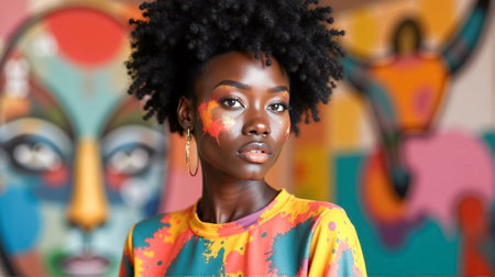 A black woman stands confidently in an art studio, showcasing her unique face paint and stylish outfit. Surrounding her are vivid artworks that highlight creativity and culture.の素材