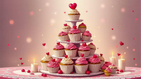 A beautifully arranged tower of cupcakes topped with pink frosting and heart-shaped decorations, surrounded by elegant roses and lit candles, perfect for a romantic occasion.の素材