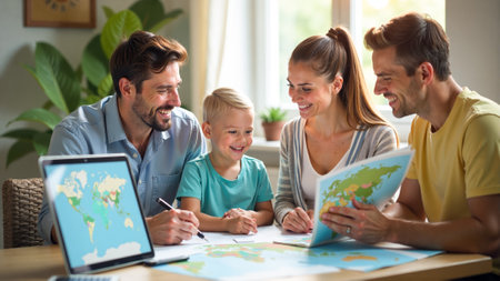 A family gathers around a map in a cozy living room, enthusiastically discussing vacation plans. They share smiles and ideas, creating a fun and engaging atmosphere for travel preparation.の素材