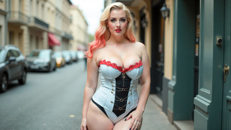 A confident woman in vintage-inspired lingerie stands on a city sidewalk. Her vibrant hair contrasts with the soft colors of her outfit, showing her bold fashion choice in a bustling environment.の素材