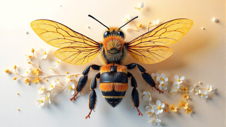 A vibrant bee with intricate patterns on its wings is perched on a cluster of small white flowers. Soft daylight enhances the colors, creating a peaceful atmosphere.の素材