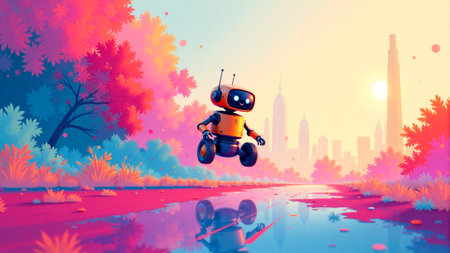 A small robot travels along a winding path in a picturesque environment. Colorful clouds flow above, blending hues of pink and blue while sunlight bathes the scene.の素材