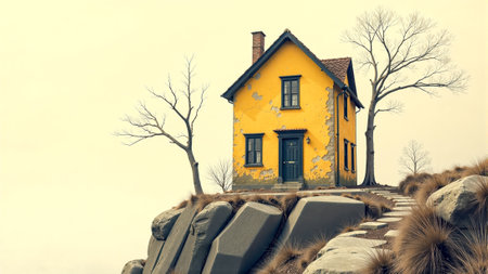 A striking yellow house stands alone on a rocky cliff, surrounded by dry grass and a bare tree, creating a stark contrast against the gray sky.の素材