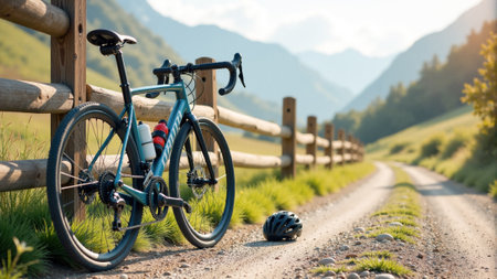 A bicycle with water bottles leans against a wooden fence by a gravel path. Lush green hills and mountains create a serene backdrop under soft evening light.の素材