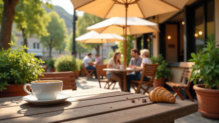 Customers relax at an outdoor cafÃ©, sipping coffee and enjoying pastries while seated at wooden tables under stylish umbrellas in the warm morning sun.の素材