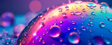 A soap bubble rests on a textured surface, capturing a dazzling array of colors and reflections in the soft twilight. Water droplets decorate its surface, enhancing its brilliance.の素材