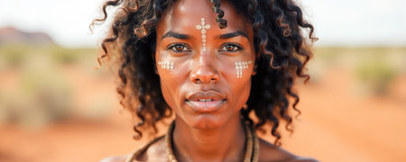 A young woman stands confidently in a desert environment, her face adorned with intricate white tribal paint.の素材
