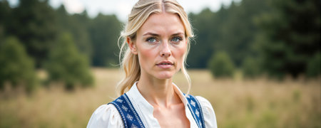 A woman dresses in traditional clothing stands in an open field, her gaze direct and thoughtful. Lush greenery and distant trees provide a serene backdrop under a clear sky.の素材