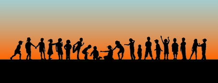 Children in line silhouette, black isolated vectorのイラスト素材