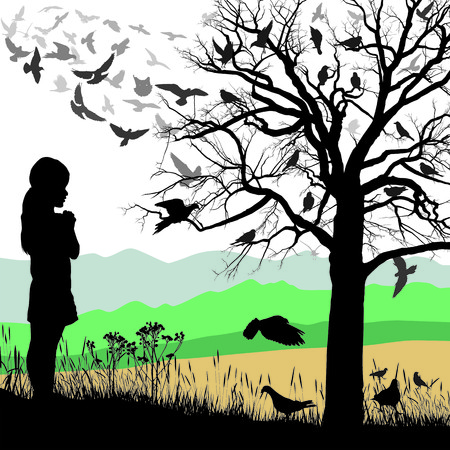 Illustrations child looks at a tree full of birdsのイラスト素材