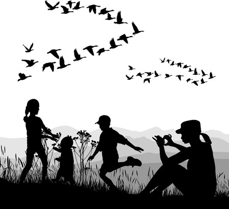 illustration of mothers and children and country trip in autumnのイラスト素材