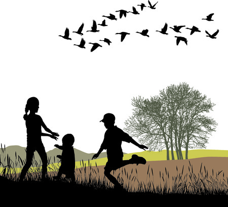 illustration children and country trip in autumnのイラスト素材