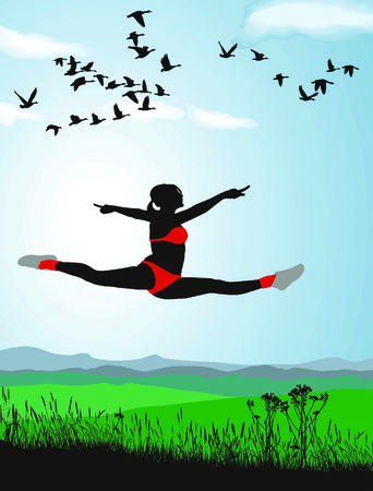 Drawing, of young woman, jumping with Nature Backgroundのイラスト素材
