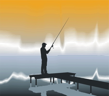 Vector illustration of a fisherman on a pier in the sunlight のイラスト素材