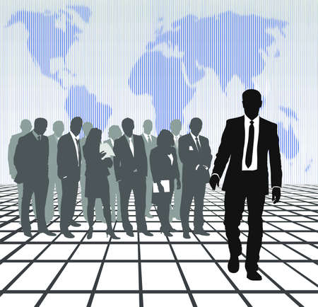 Digital Illustration of businessmen and businesswomen with the worldのイラスト素材